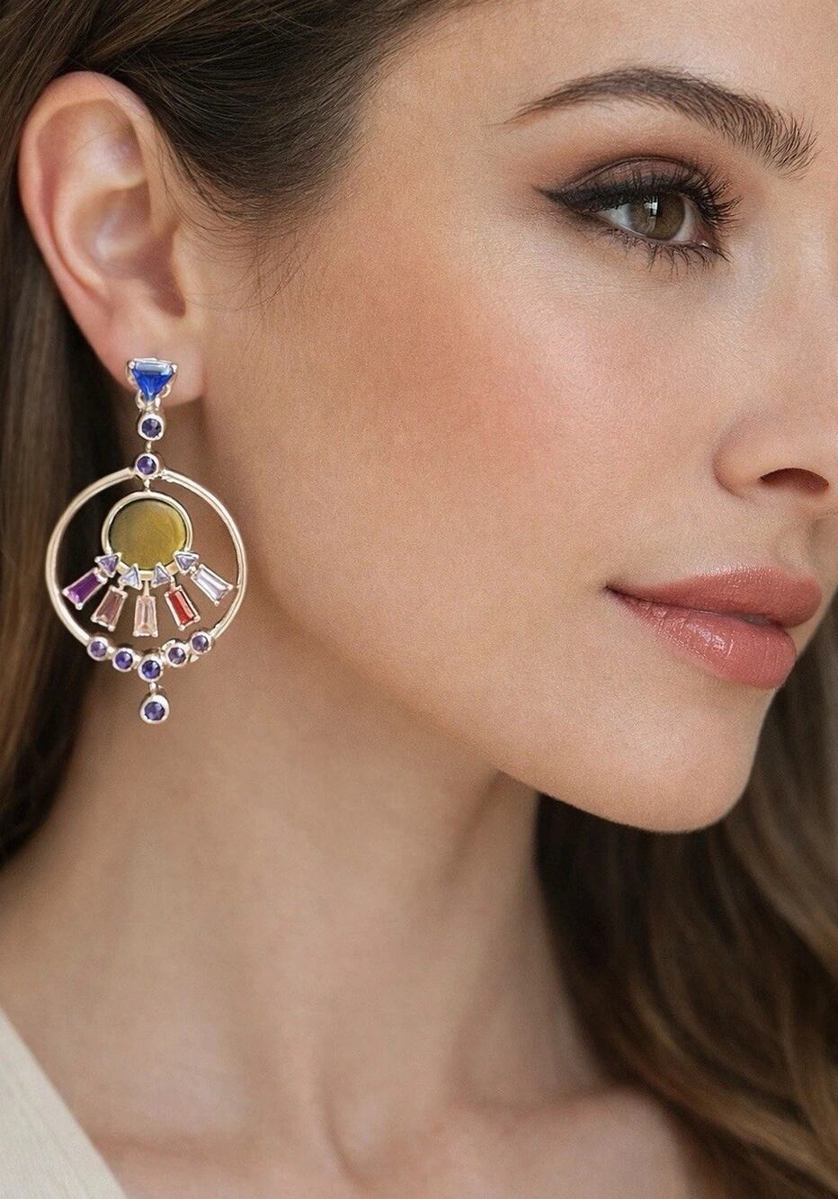 Eddie Borgo Statement Drop Earrings Multicolor Crystal Gemstone Gold Tone NWT